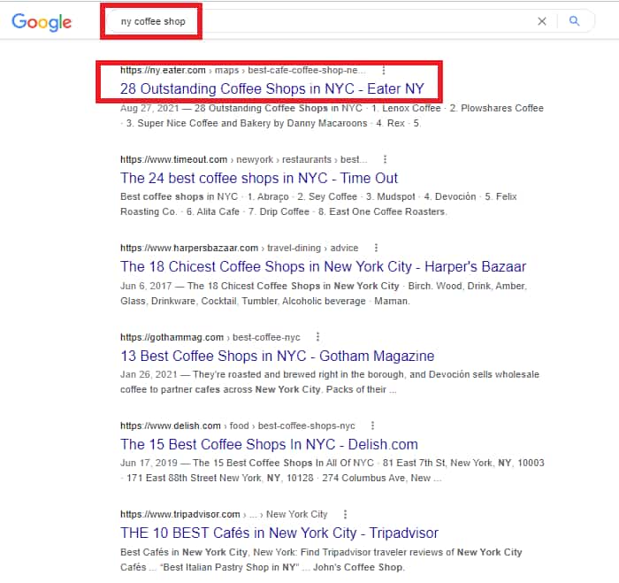 NY coffee shop search results