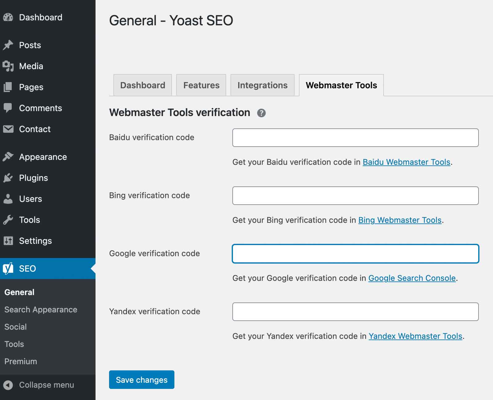 Yoast dashboard for webmaster tools verification