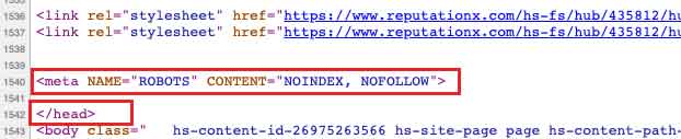 Example of where NOINDEX code should go in the HTML of a web page.