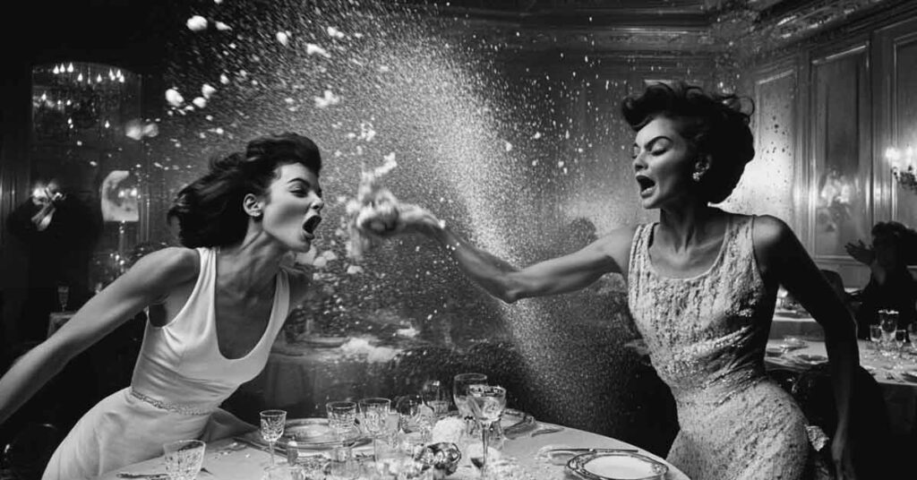 Two women having a food fight. 