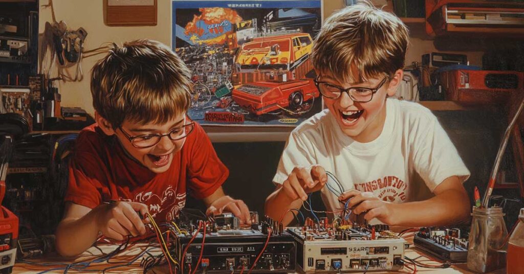 Kids building their computer startup in a garage. 