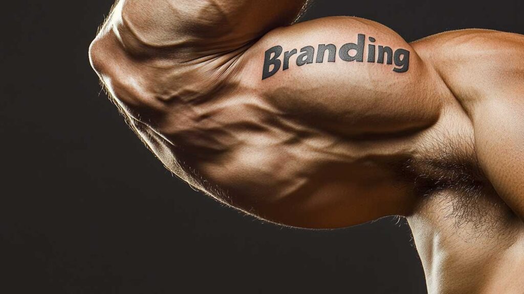 A muscle builders bicep with the word "branding" tattooed on it. 