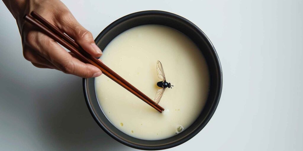 A fly in a bowl of soup. Used in an article about how to fix an inaccurate wikipedia article. 