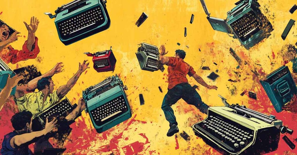 People having a typewriter fight