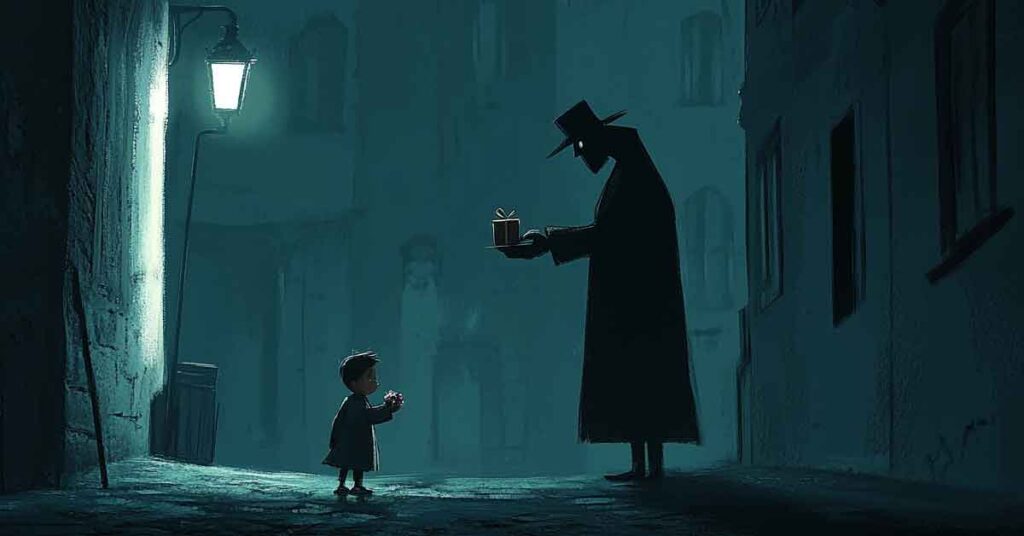 Illustration of a shadowy figure in an alley giving a gift to a young boy. 