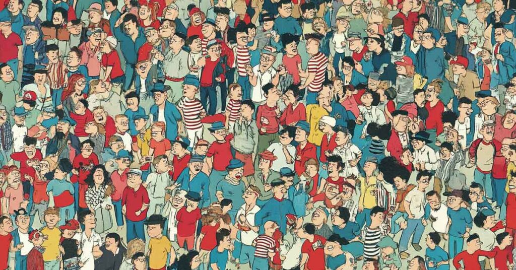 A Where's Waldo style illustration of people. 