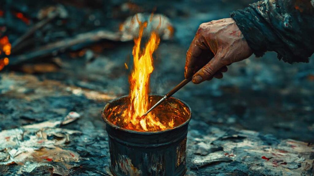 A painter painting a fire. 