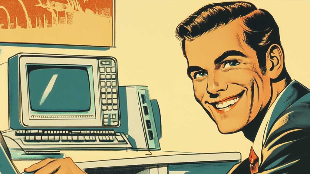 A salesman selling online. 1950s illustration. 