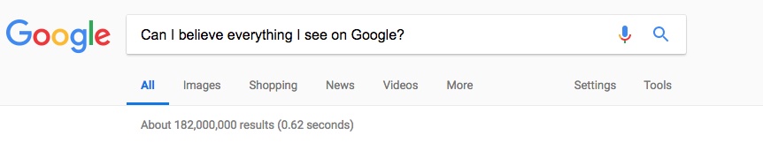 A Google search for the phrase "Can I believe Google?"