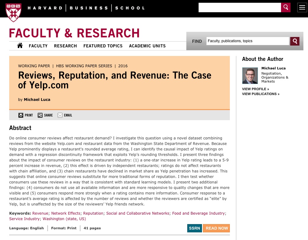 Screenshot of a Harvard Business Review article on reputation, reviews and revenue.