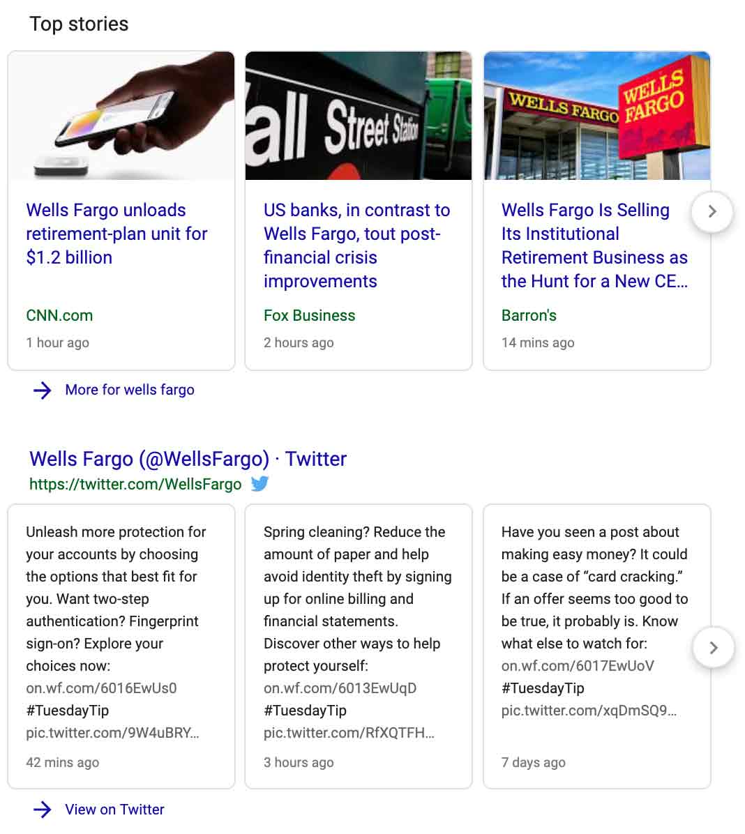 example of twitter in search results and also news