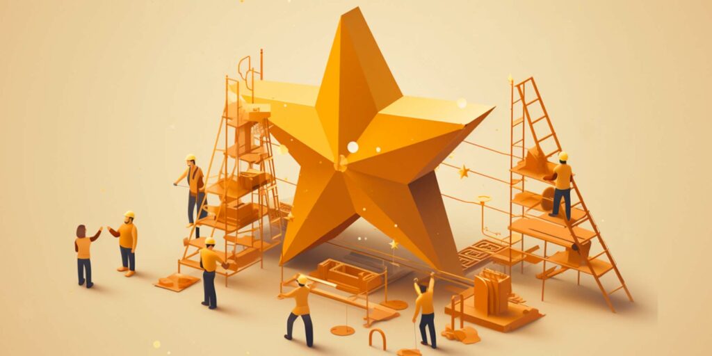 What is Reputation Management - Image of people building a golden star like that used in online reviews.