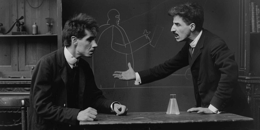 Two people arguing in a university environment, vintage.