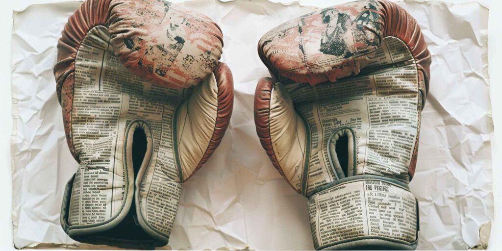 Boxing gloves covered in newsprint for an article on resolving disputes and conflicts on Wikipedia. 