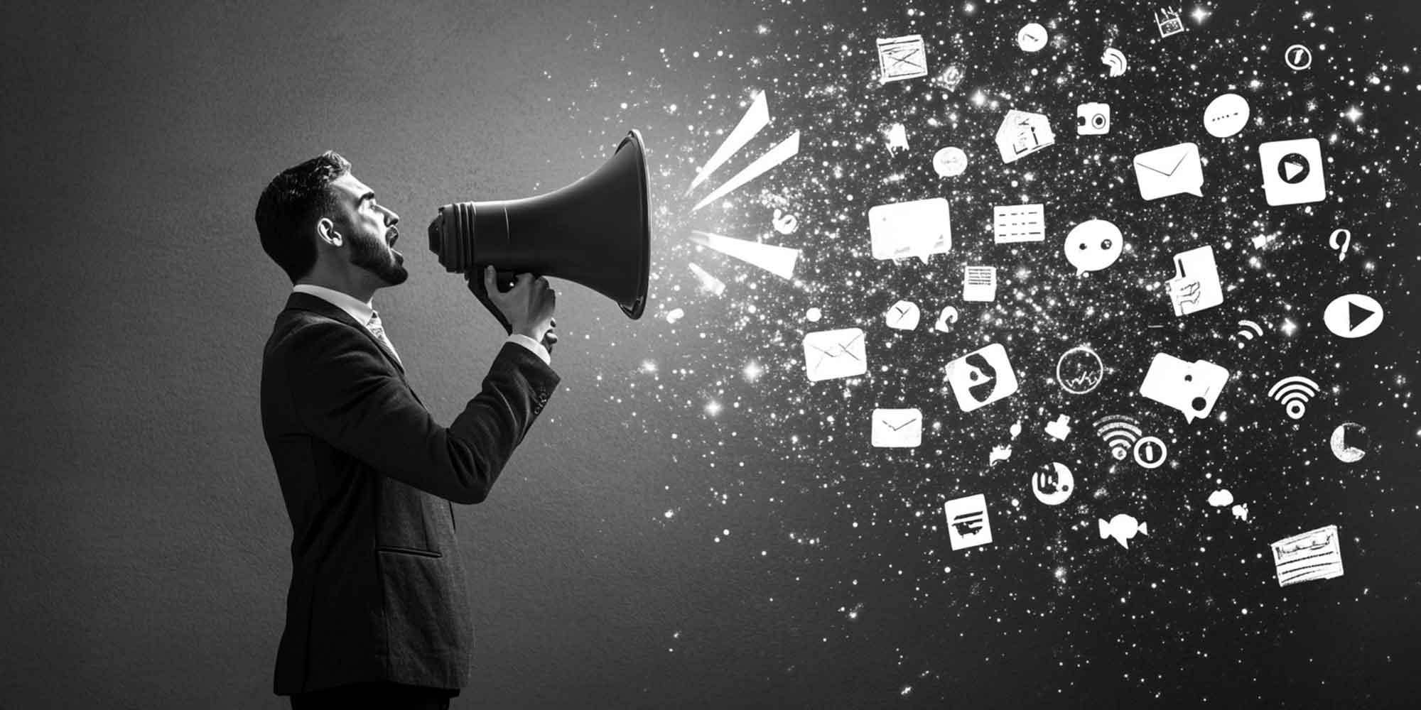 Man holding a megaphone used for article on earned media. 