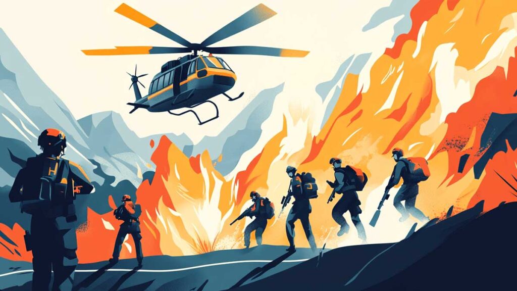 Illustration of a crisis. Helicopter and flames with emergency workers. 