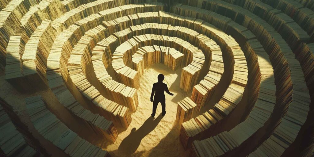 A maze made of books illustrating wikipedia's maze-like policies.