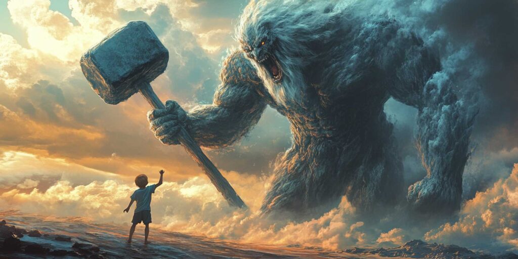 A small boy stops the approach of a storm giant.