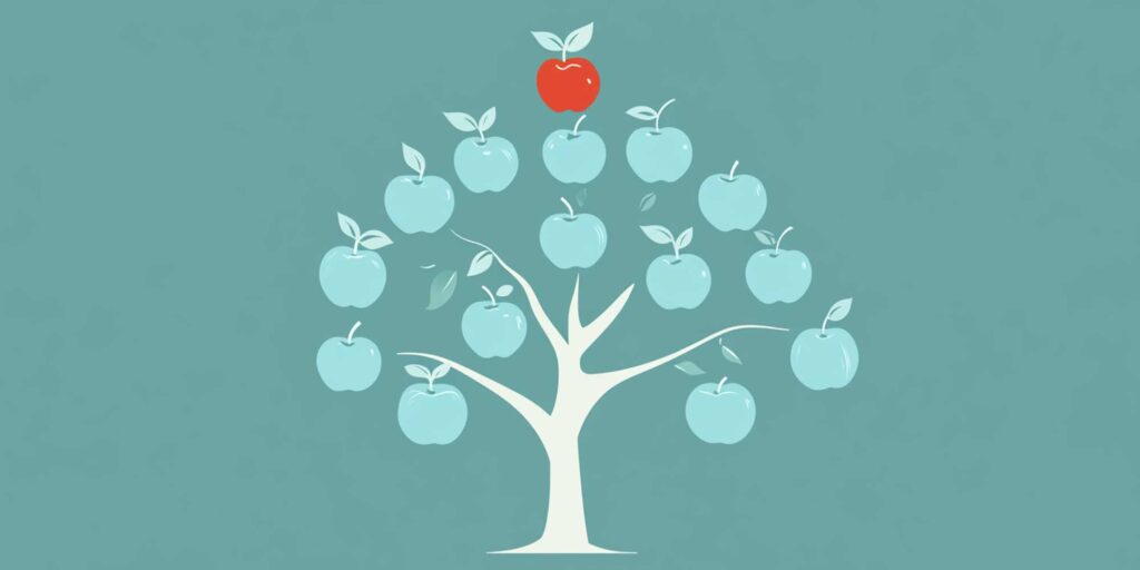 Illustration of a tree with blue fruit and one red apple.